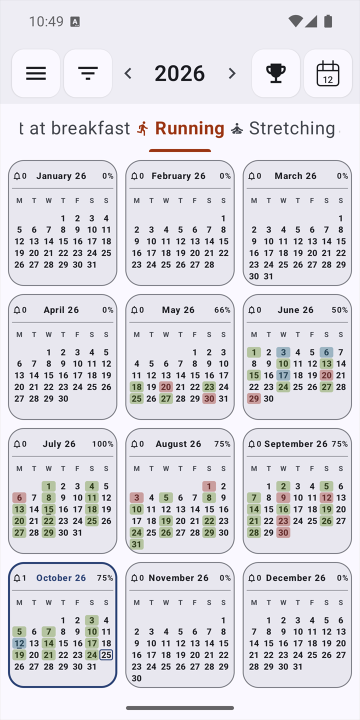 Twelve months of one habit on a single screen, each month with its percentage